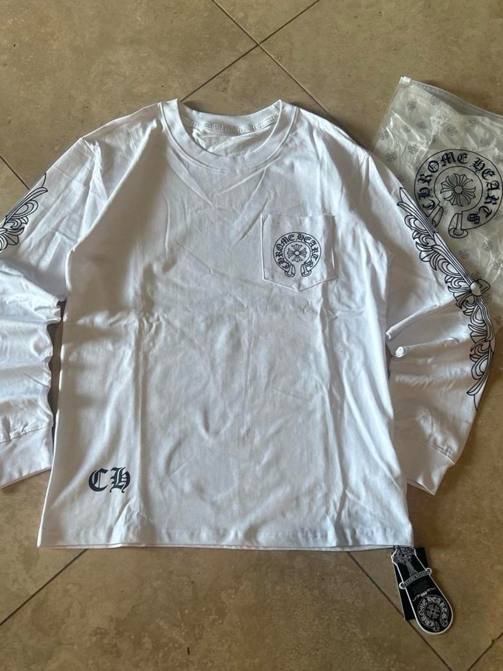 Chrome Hearts White Long Sleeve Pocket Tee with Black Sleeve Graphics size S-Xl